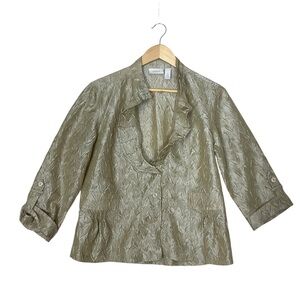 CHICO’S sz 1 (Medium) Textured Brushed Gold Blazer Lightweight Ruffle Collar